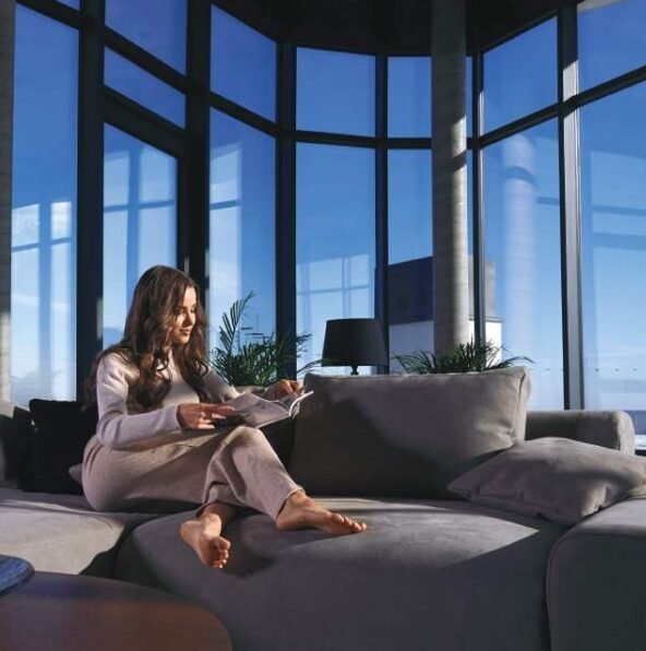 Luxury lounge area with elegant sofas and professional meeting setup