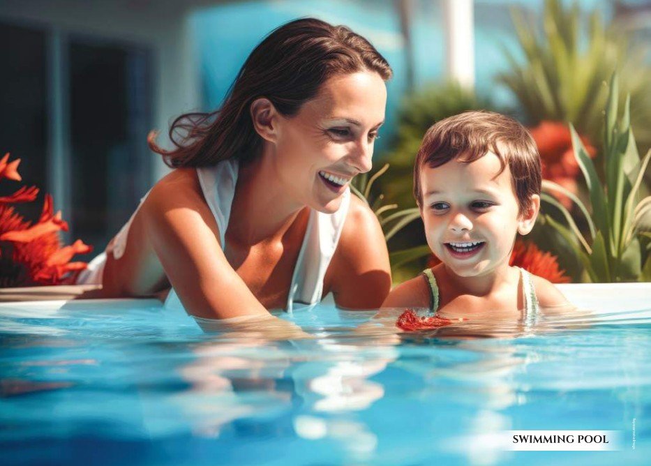 Luxury swimming pool with serene environment and family-friendly design